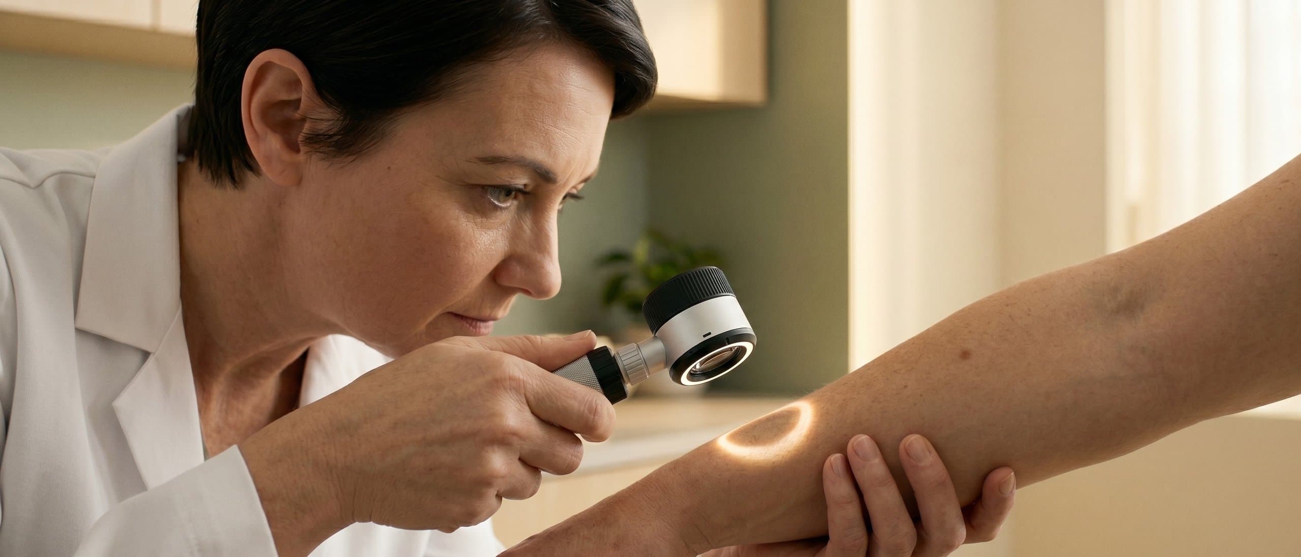 Board-certified dermatologist performing a skin examination with a dermatoscope